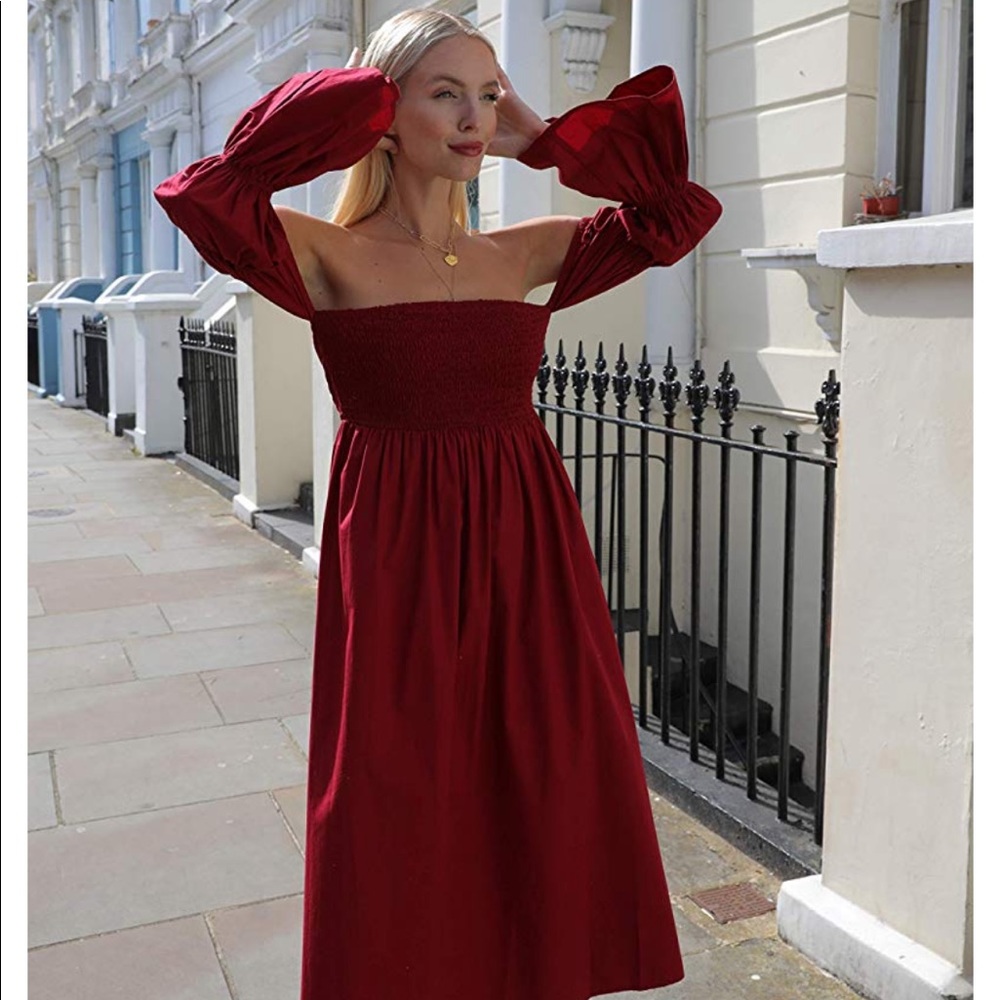Bordeaux Off Shoulder Tiered Puff Sleeve Midi